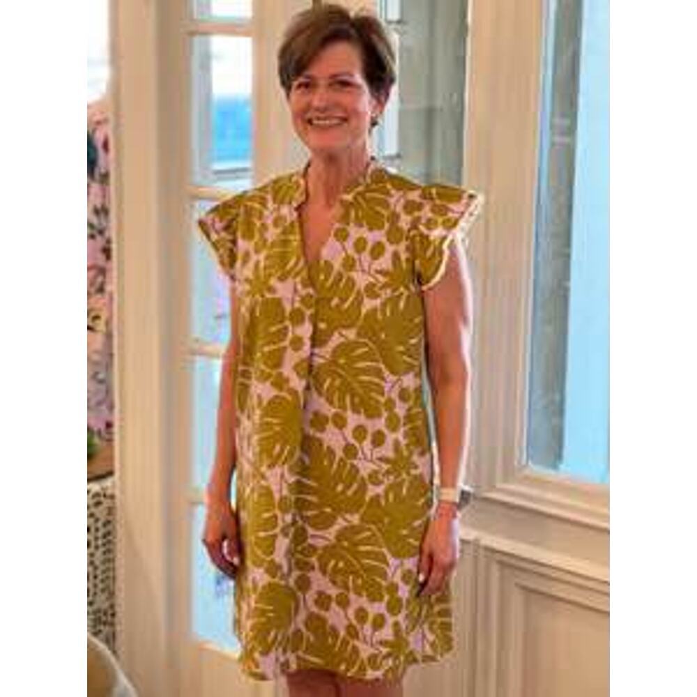 THML Women’s Small Olive Green & Pink Tropical Print Mini Dress
